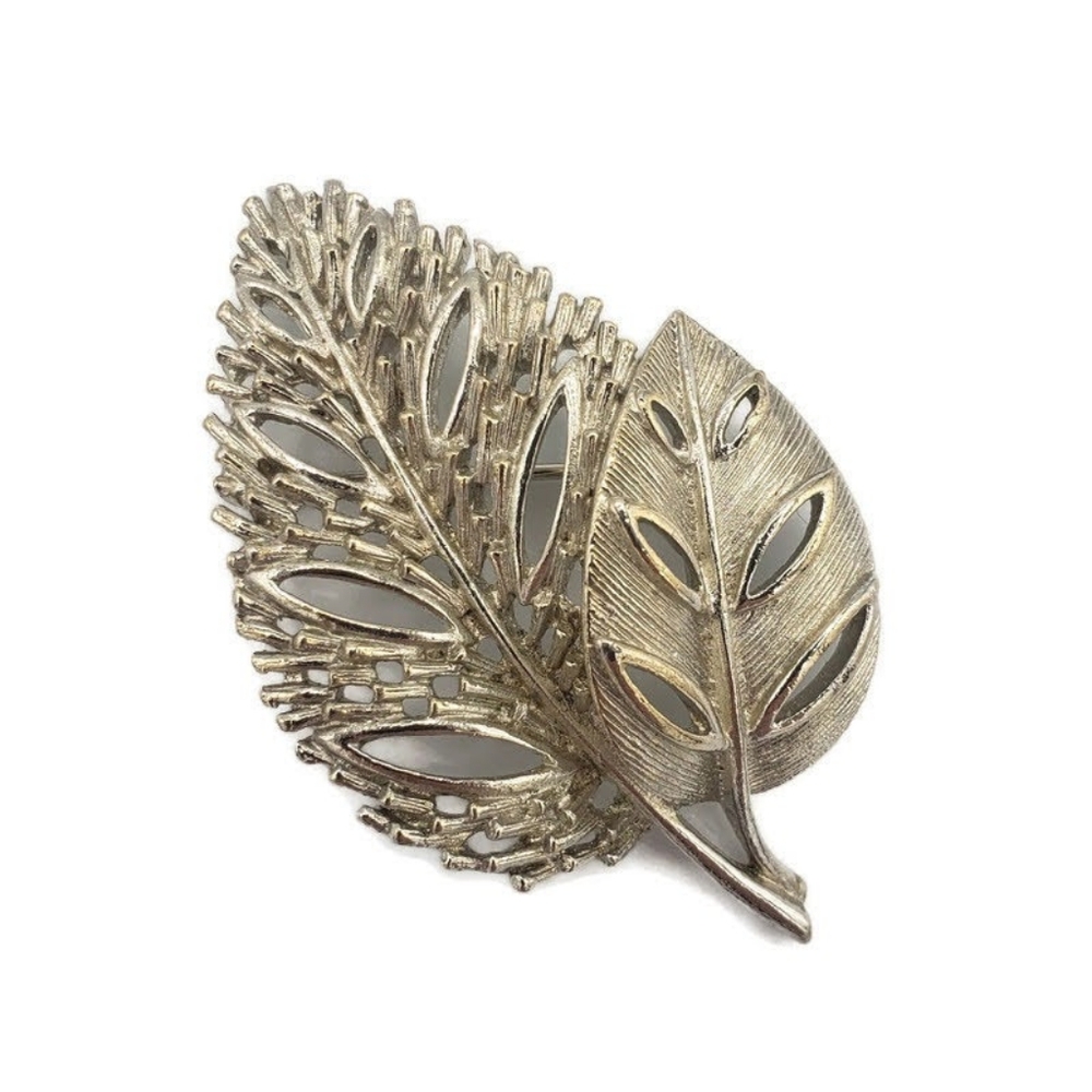 Vintage Lisner Double Leaf Brooch Silver Tone Cutout Leaves Pin